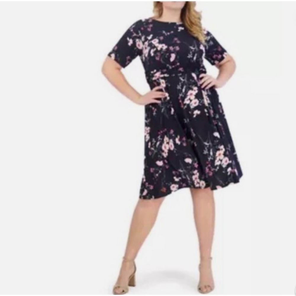 NWT Navy Floral Fit & Flare Midi Dress Plus Size 18 Ruched Waist Party Wedding